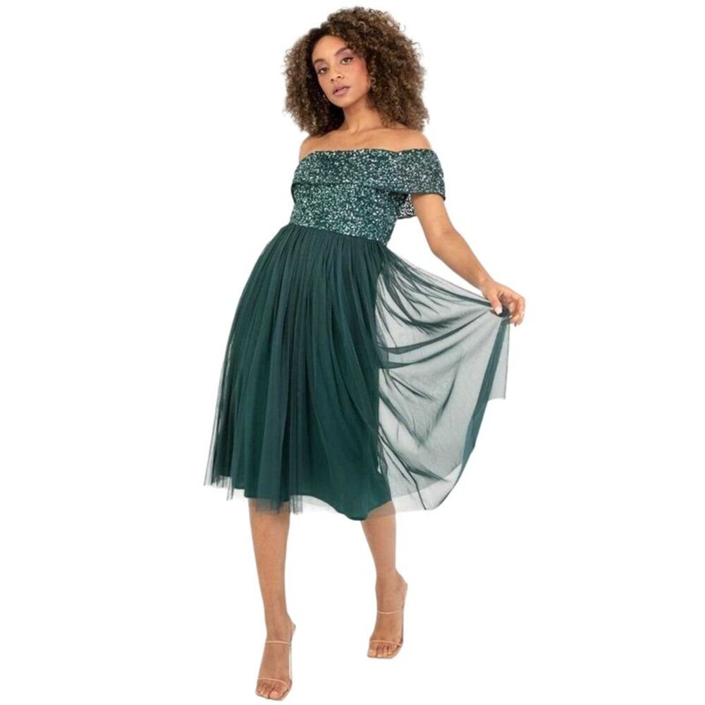 Maya Deluxe Womens/Ladies Sequin Bardot Short-Sleeved Midi Dress / Emerald